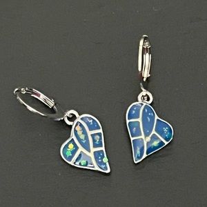 Green Blue Enamel Heart Leverback Earrings